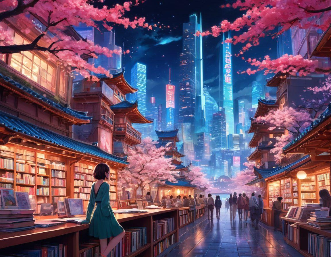 A vibrant and colorful illustration of a whimsical anime landscape filled with various manga characters, showcasing contrasting elements of fantasy and adult themes, with playful motifs such as cherry blossoms and neon lights. Include a prominent figure in a seductive pose, surrounded by books and digital screens displaying anime covers. The background should feature a whimsical city skyline blending fantasy elements. super-realistic. vibrant colors. 3D.